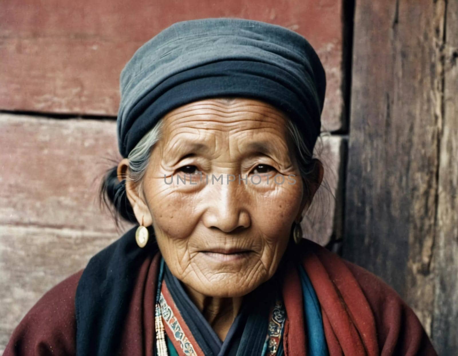 A Tibetan elderly woman 70 years old in traditional garments gazes warmly, showcasing wisdom and resilience against a backdrop of aged wood and rustic colors that reflect her heritage. Generative AI.