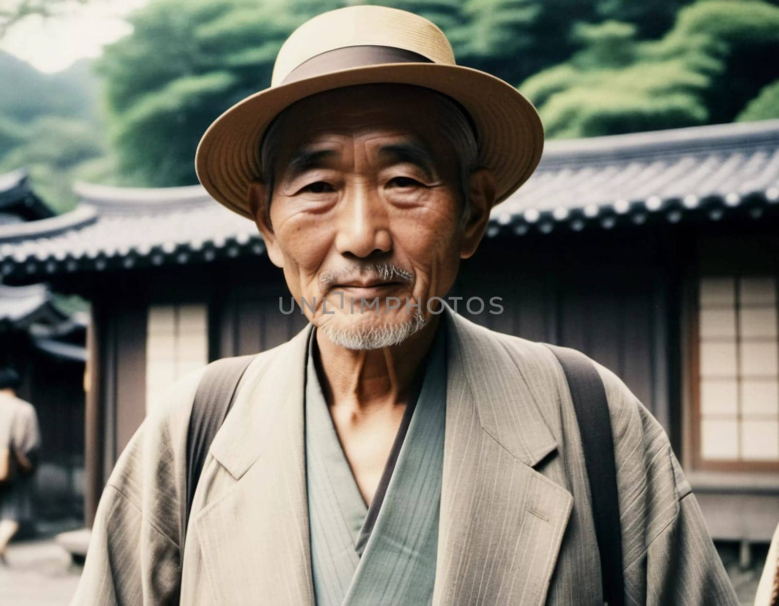 A senior man 70 years old wearing traditional Japanese clothing, showing a sense of pride and heritage in a serene courtyard with wooden buildings. An elderly resident of Japan. Generative AI.