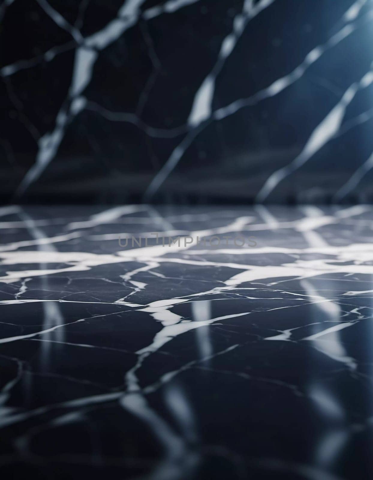 A detailed look at a polished marble surface reveals stunning veining and a smooth, reflective finish. The light enhances the beauty of the stone. Generative AI.