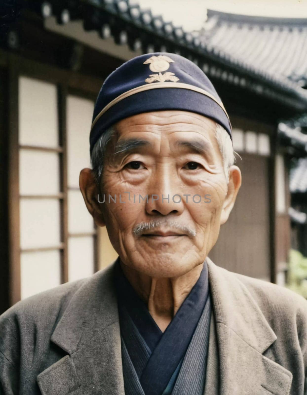 A senior man 70 years old wearing traditional Japanese clothing, showing a sense of pride and heritage in a serene courtyard with wooden buildings. An elderly resident of Japan. Generative AI.