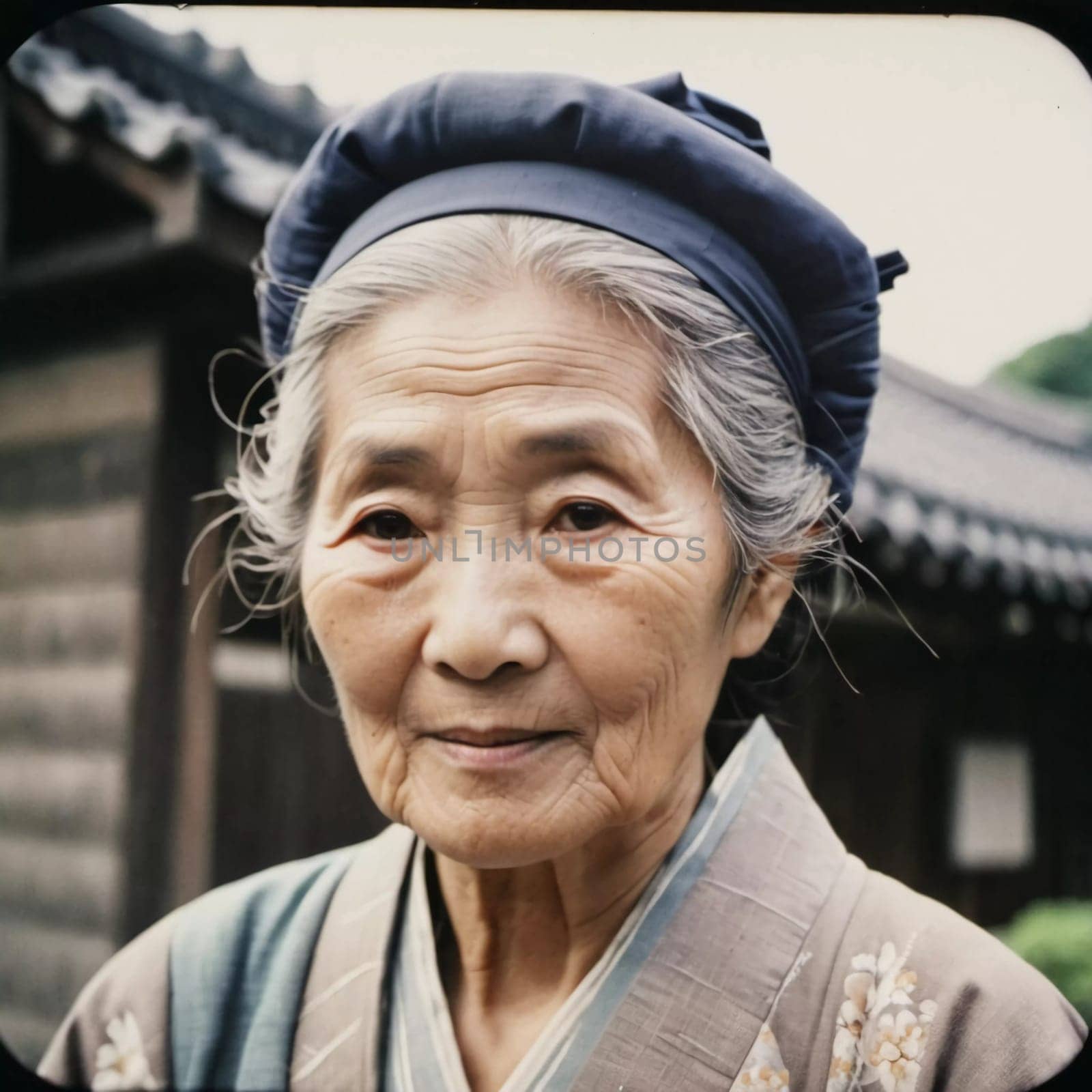 A graceful Japanese woman 70 years old wears a traditional kimono adorned with floral patterns while posing in beautiful garden. The tranquil surrounding enhance her dignified presence. Generative AI.