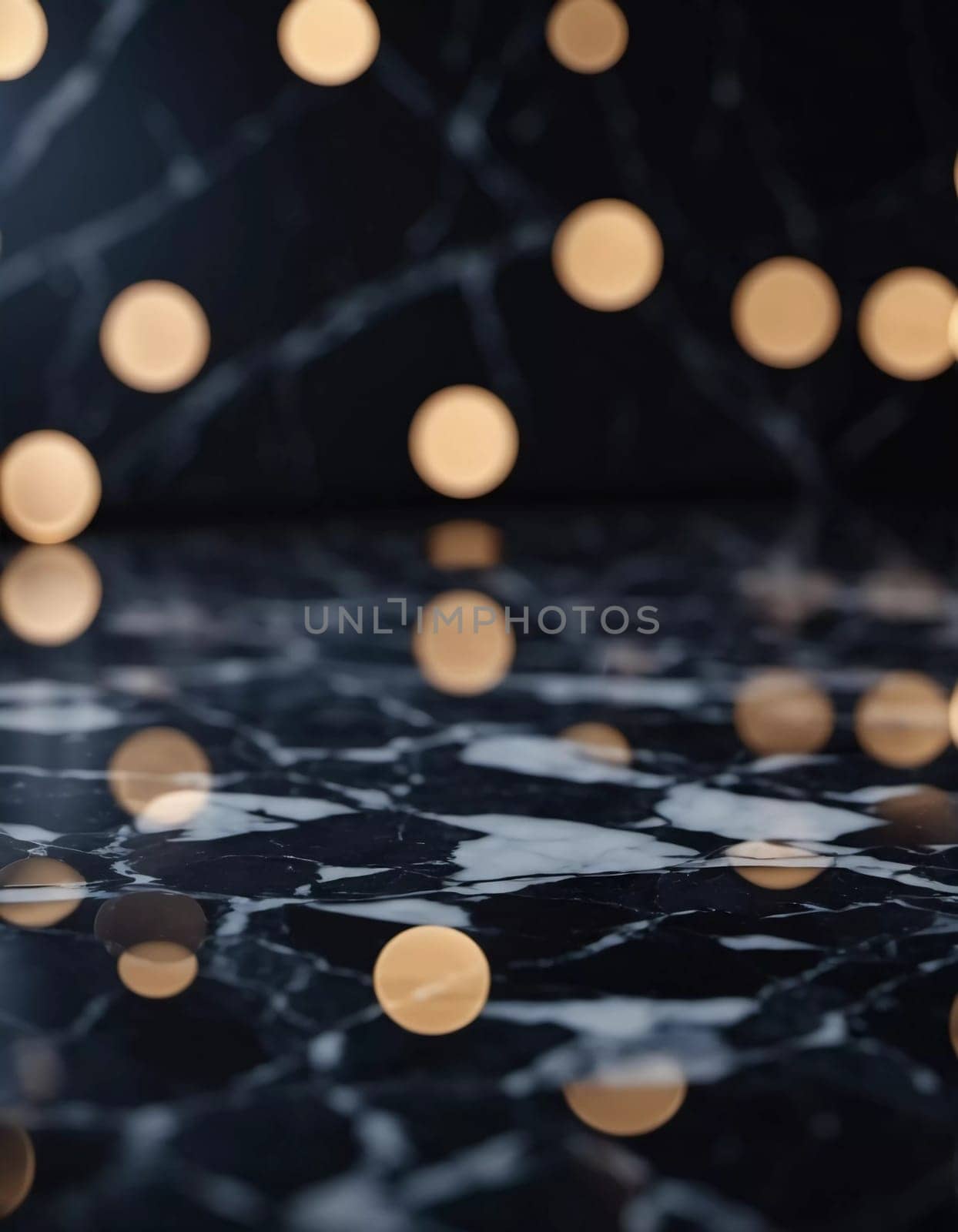 A polished marble surface glistens under warm, diffused golden lighting, creating a serene atmosphere in a stylish interior space. The reflections enhance the elegance of the setting. Generative AI.