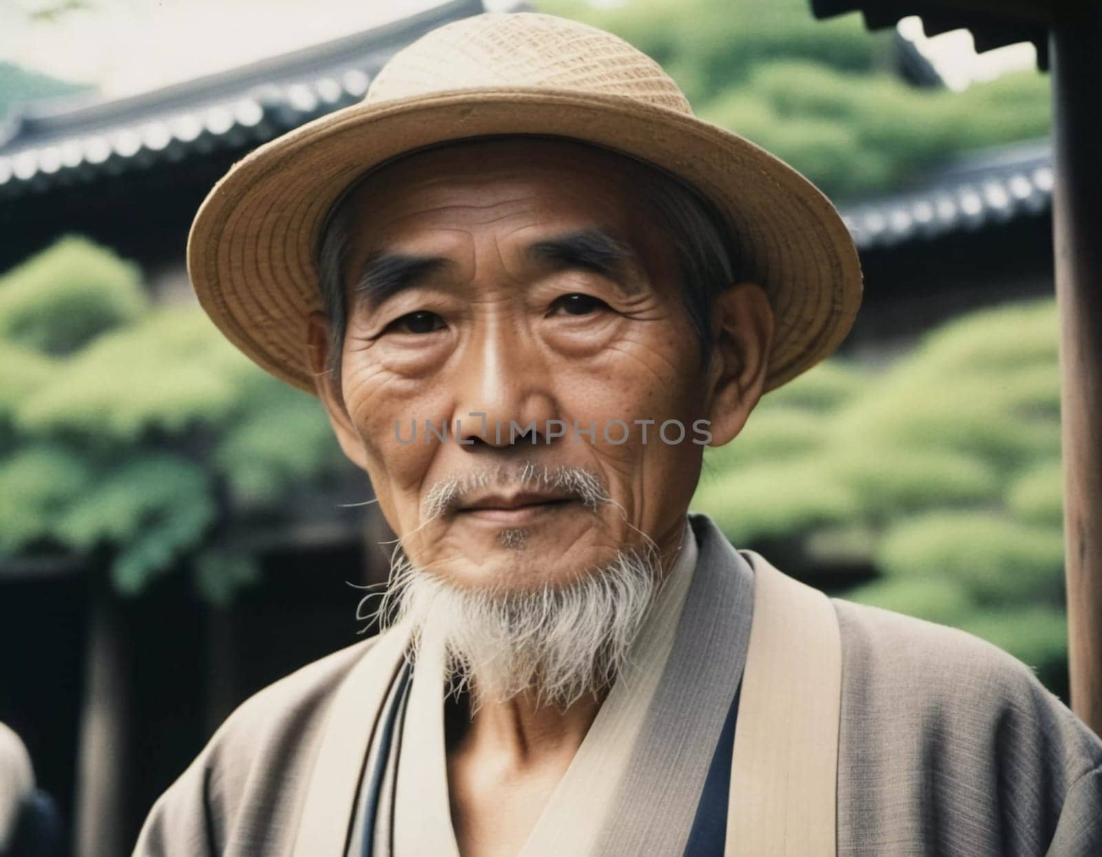 A senior man 70 years old wearing traditional Japanese clothing, showing a sense of pride and heritage in a serene courtyard with wooden buildings. An elderly resident of Japan. Generative AI.
