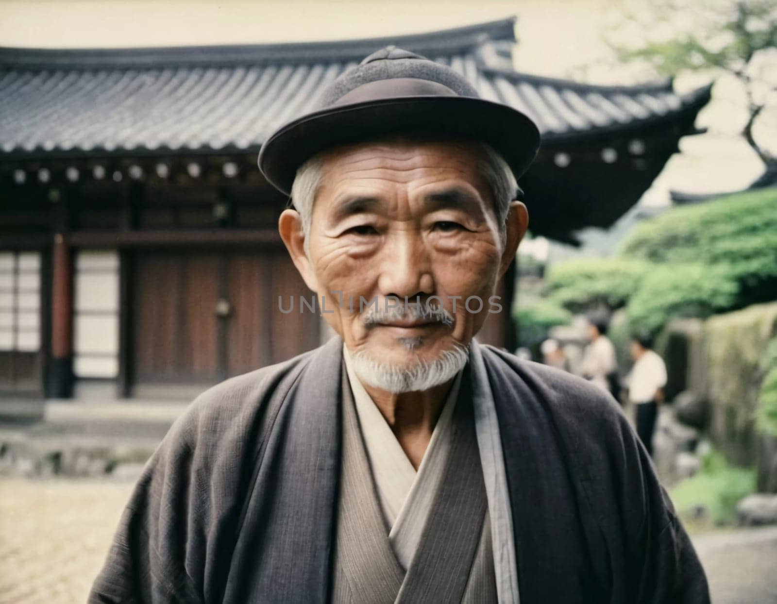 A senior man 70 years old wearing traditional Japanese clothing, showing a sense of pride and heritage in a serene courtyard with wooden buildings. An elderly resident of Japan. Generative AI.