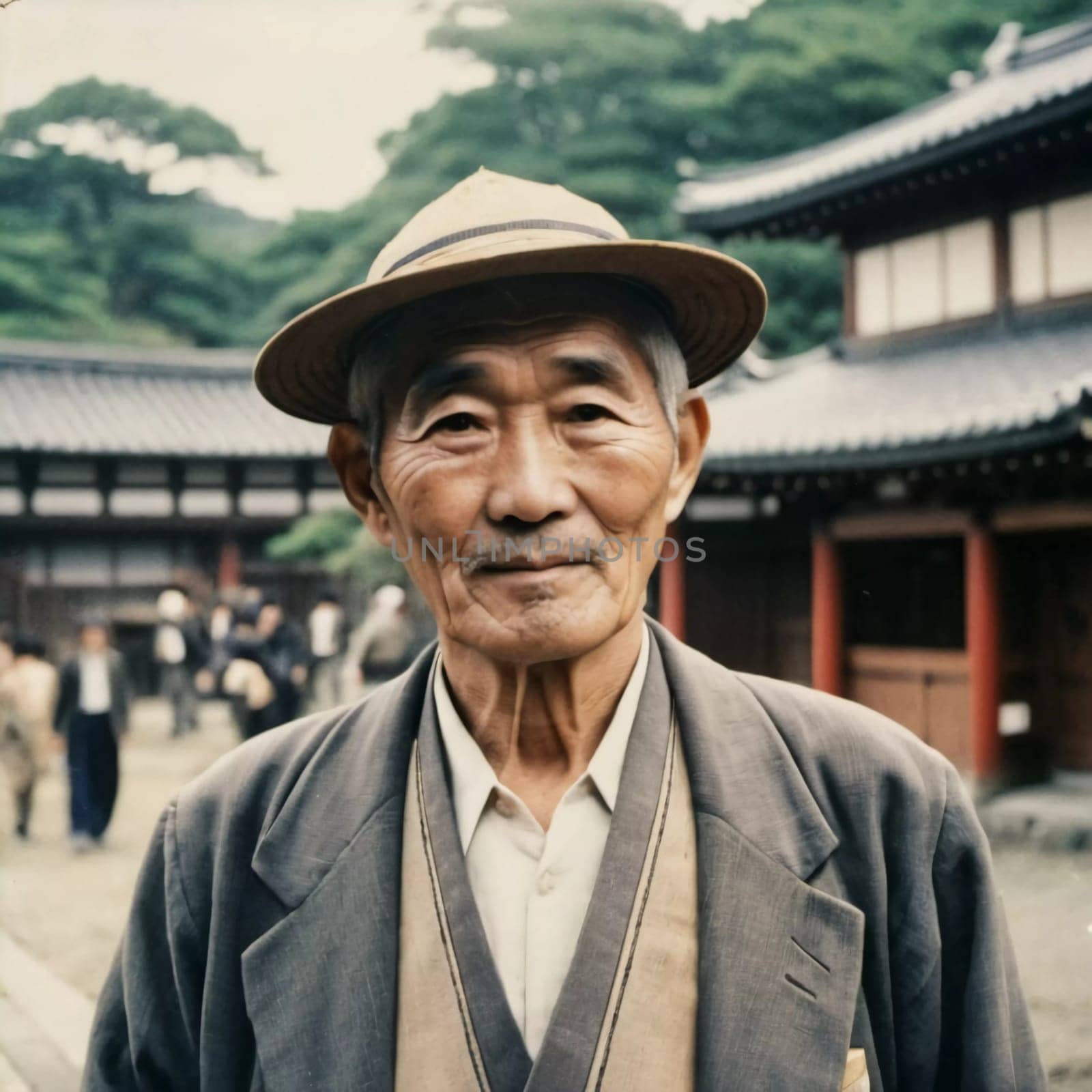 A senior man 70 years old wearing traditional Japanese clothing, showing a sense of pride and heritage in a serene courtyard with wooden buildings. An elderly resident of Japan. Generative AI.