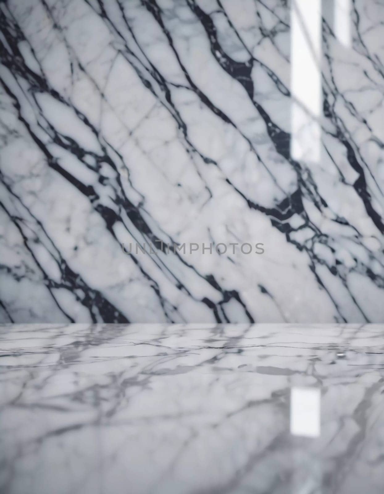 A detailed look at a polished marble surface reveals stunning veining and a smooth, reflective finish. The light enhances the beauty of the stone. Generative AI.