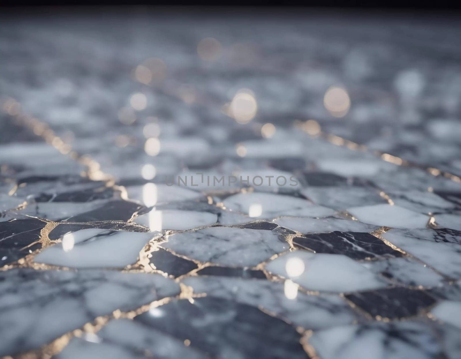 A detailed look at a polished marble surface reveals stunning veining and a smooth, reflective finish. The light enhances the beauty of the stone. Generative AI.