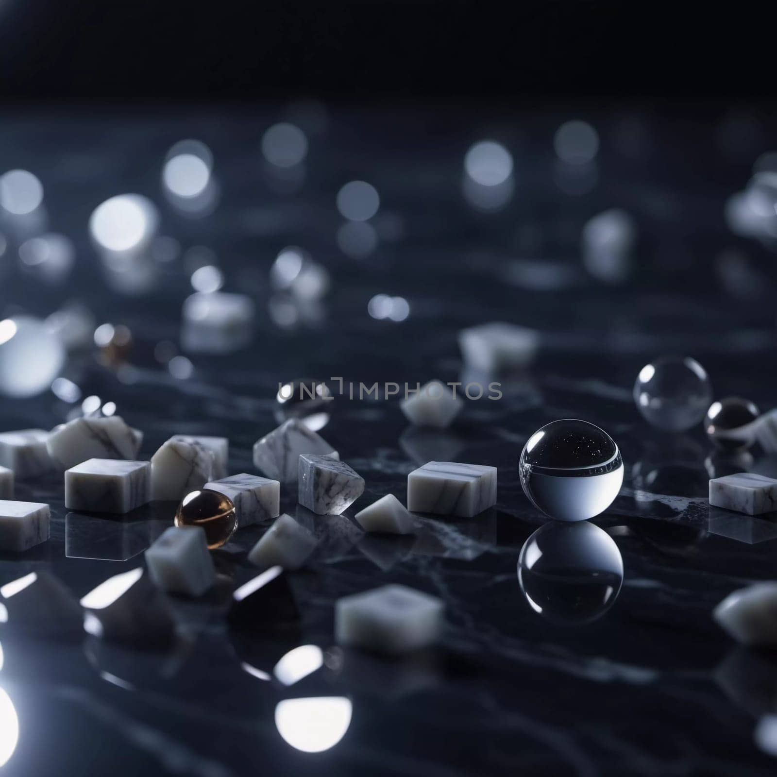 Intricate patterns of dark granite chips, illuminated by subtle lighting that creates a calm and elegant atmosphere. The black crushed mineral sparkles. Bokeh or drops. Generative AI.