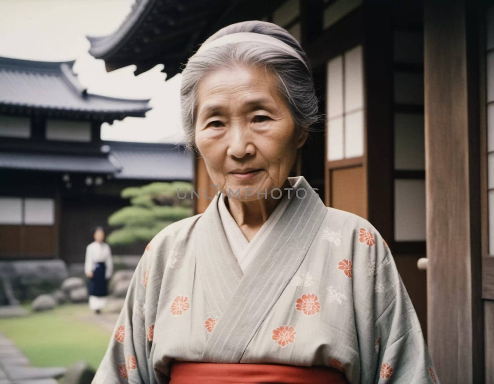 A graceful Japanese woman 70 years old wears a traditional kimono adorned with floral patterns while posing in beautiful garden. The tranquil surrounding enhance her dignified presence. Generative AI.