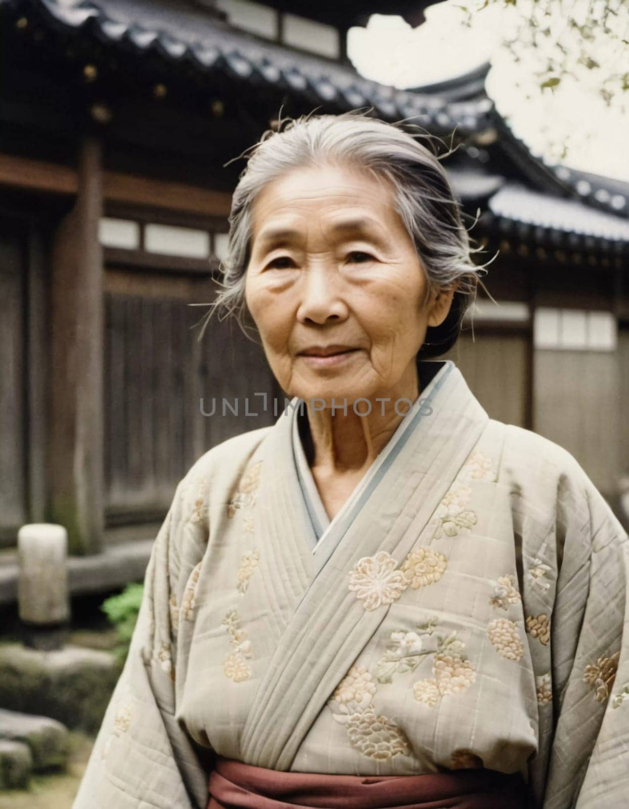 A graceful Japanese woman 70 years old wears a traditional kimono adorned with floral patterns while posing in beautiful garden. The tranquil surrounding enhance her dignified presence. Generative AI.
