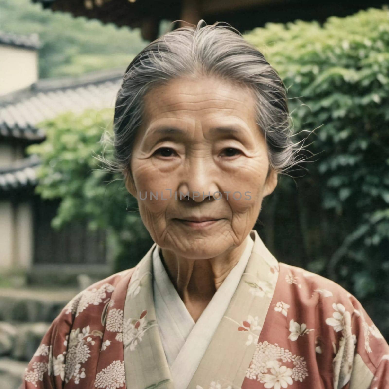 A graceful Japanese woman 70 years old wears a traditional kimono adorned with floral patterns while posing in beautiful garden. The tranquil surrounding enhance her dignified presence. Generative AI.