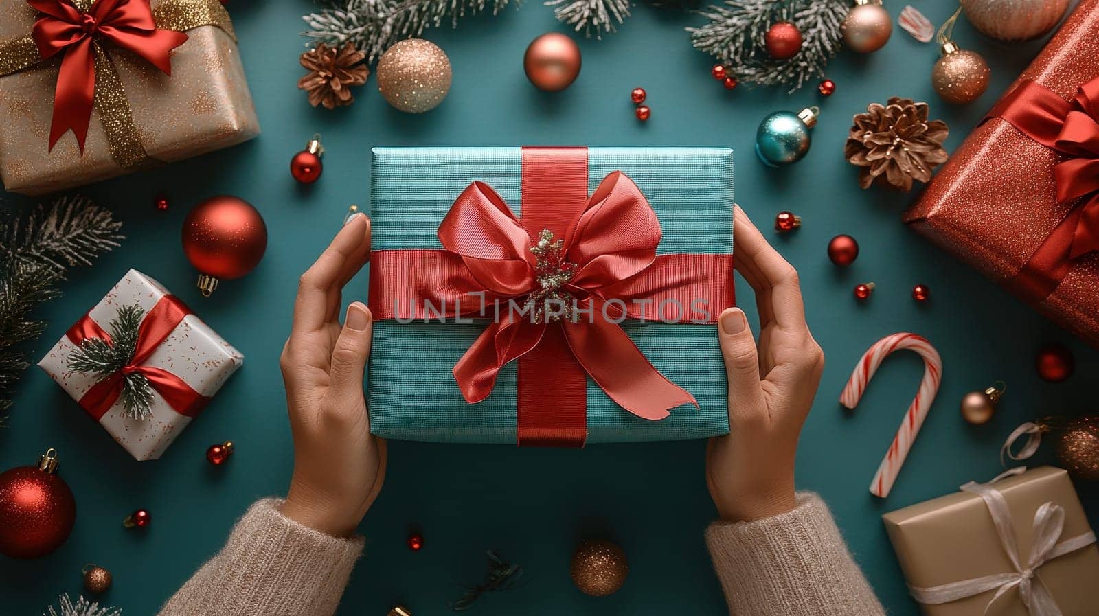 Woman's Hands Holding Christmas Gift Box, Festive Season Flat Lay