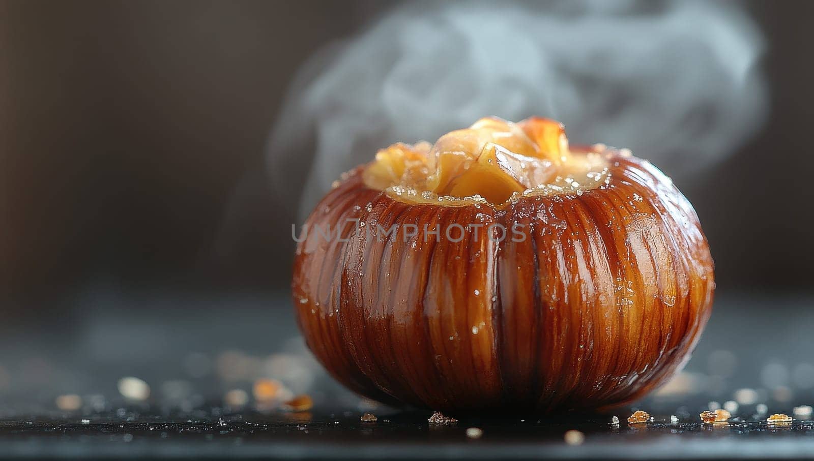 Steaming hot baked onion stuffed with savory filling on a dark background. Concept of comfort food, gourmet cuisine, and healthy eating.