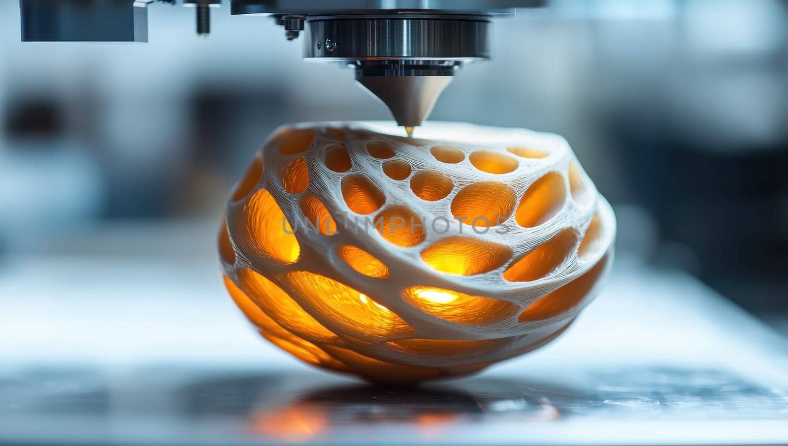 3D printer creating intricate object with innovative technology. Concept of additive manufacturing, rapid prototyping, and engineering.