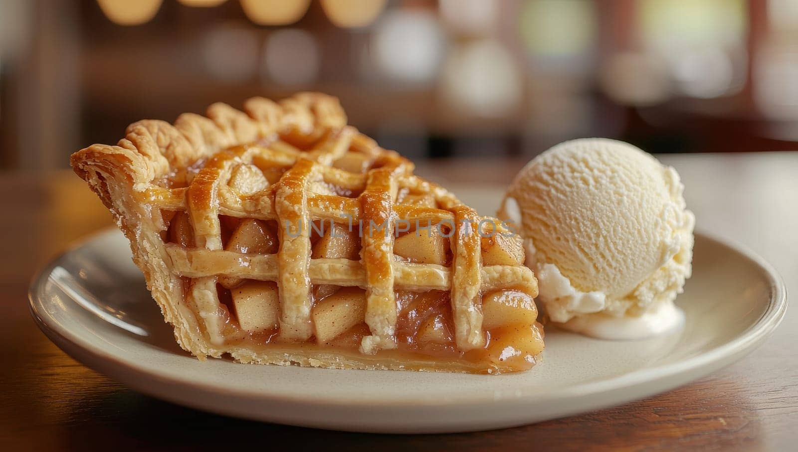Fresh Baked Apple Pie Slice with Vanilla Ice Cream, Concept of Comfort Food