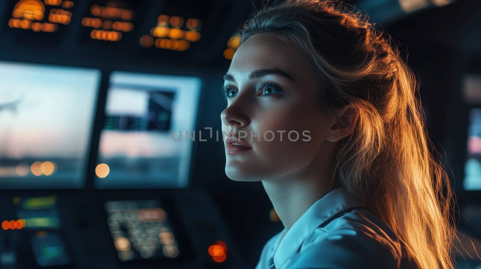 Close up portrait of young female air traffic controller working in control room, Concept of aviation, technology, navigation, and profession