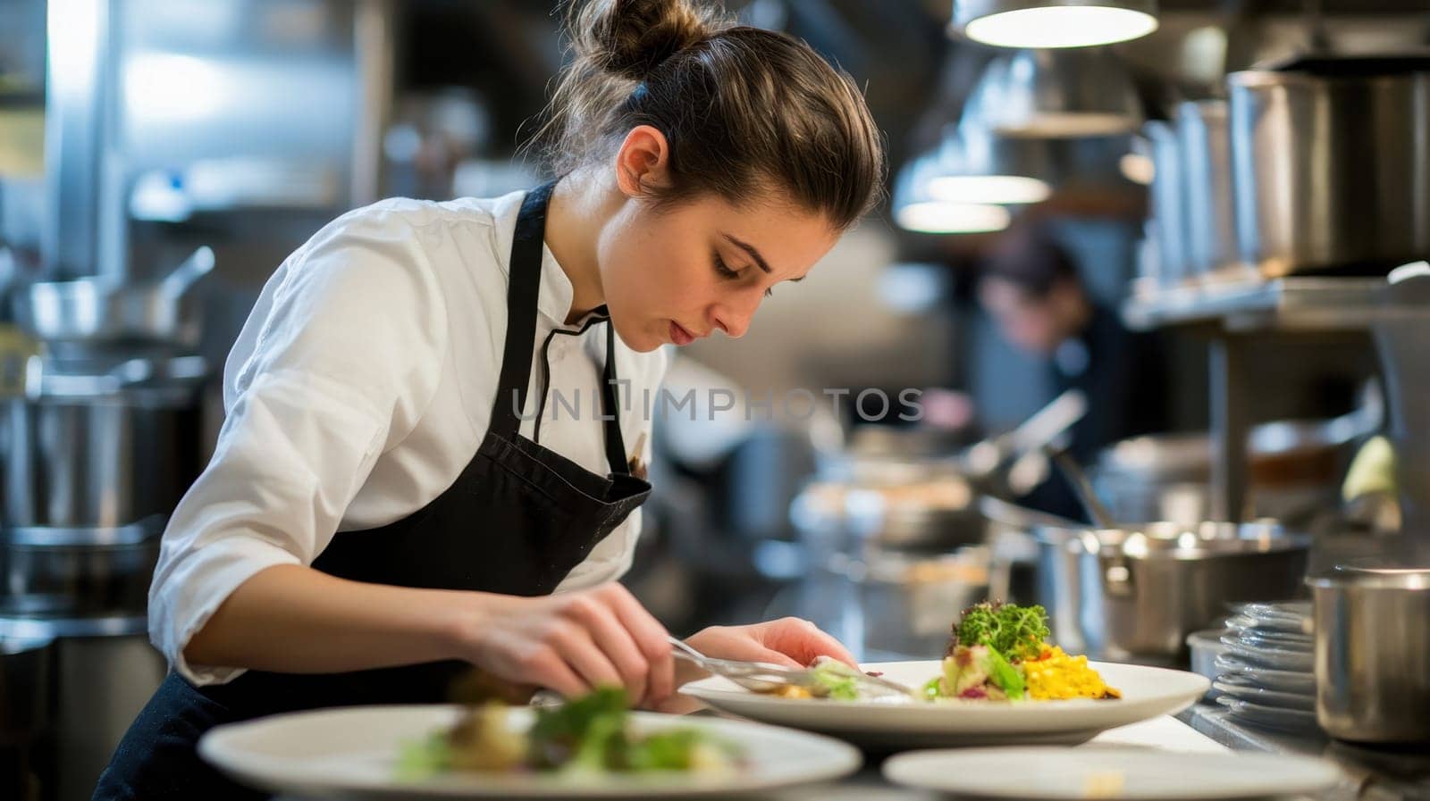 Professional chef plating a dish in a restaurant kitchen. Concept of culinary arts, fine dining, gastronomy.