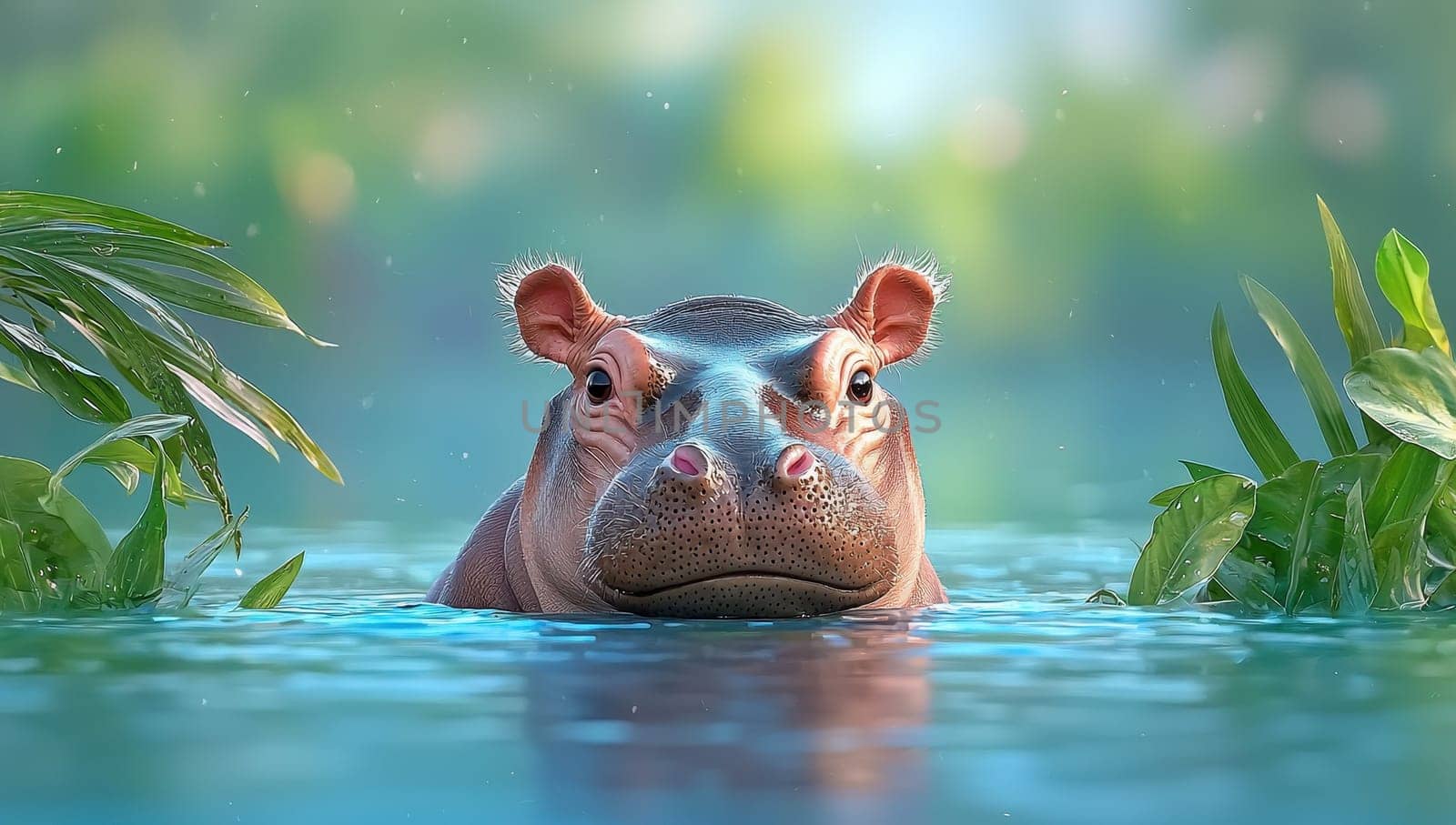 Cute baby hippopotamus submerged in water, surrounded by lush green foliage. Concept of wildlife, nature, Africa