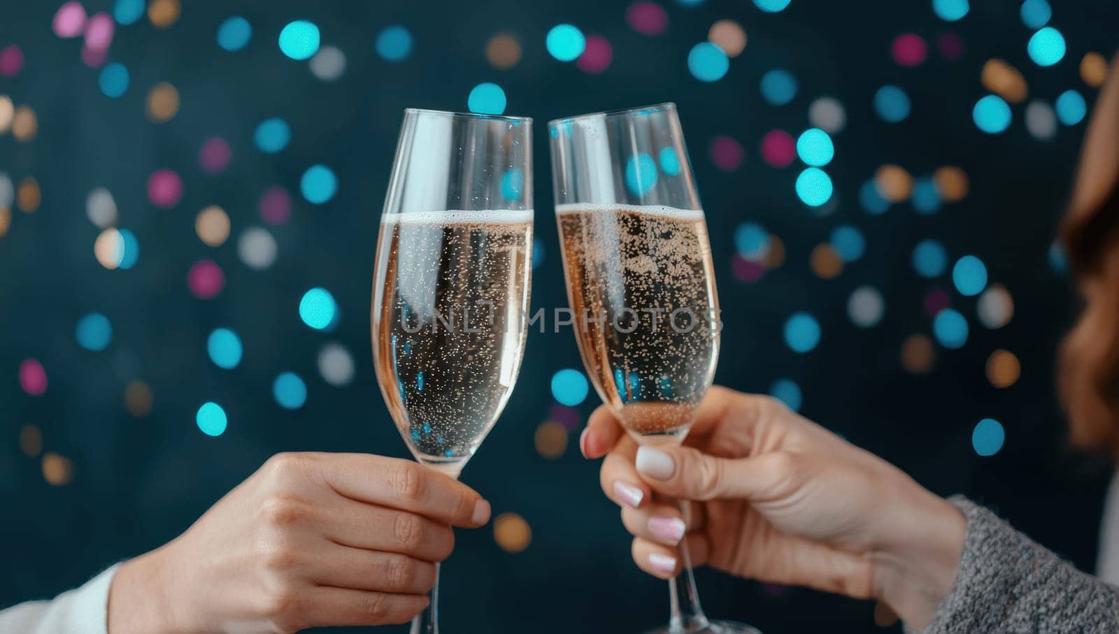 Cheers! Two hands clinking champagne glasses against festive bokeh lights. Concept of celebration, New Year's Eve, and holidays.