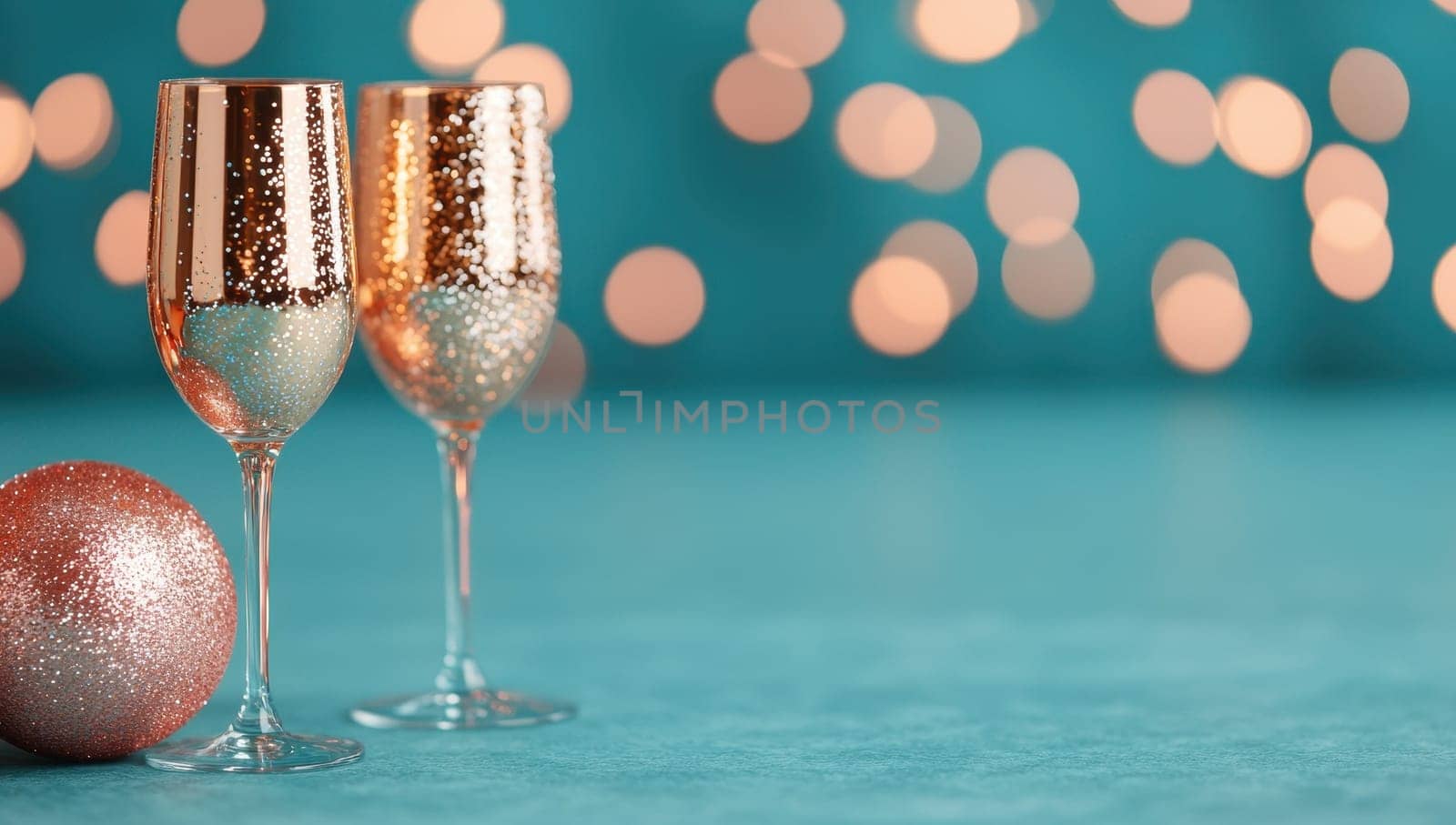 Sparkling New Year's Eve celebration with golden champagne flutes and ornament. Concept of festive holiday cheer.