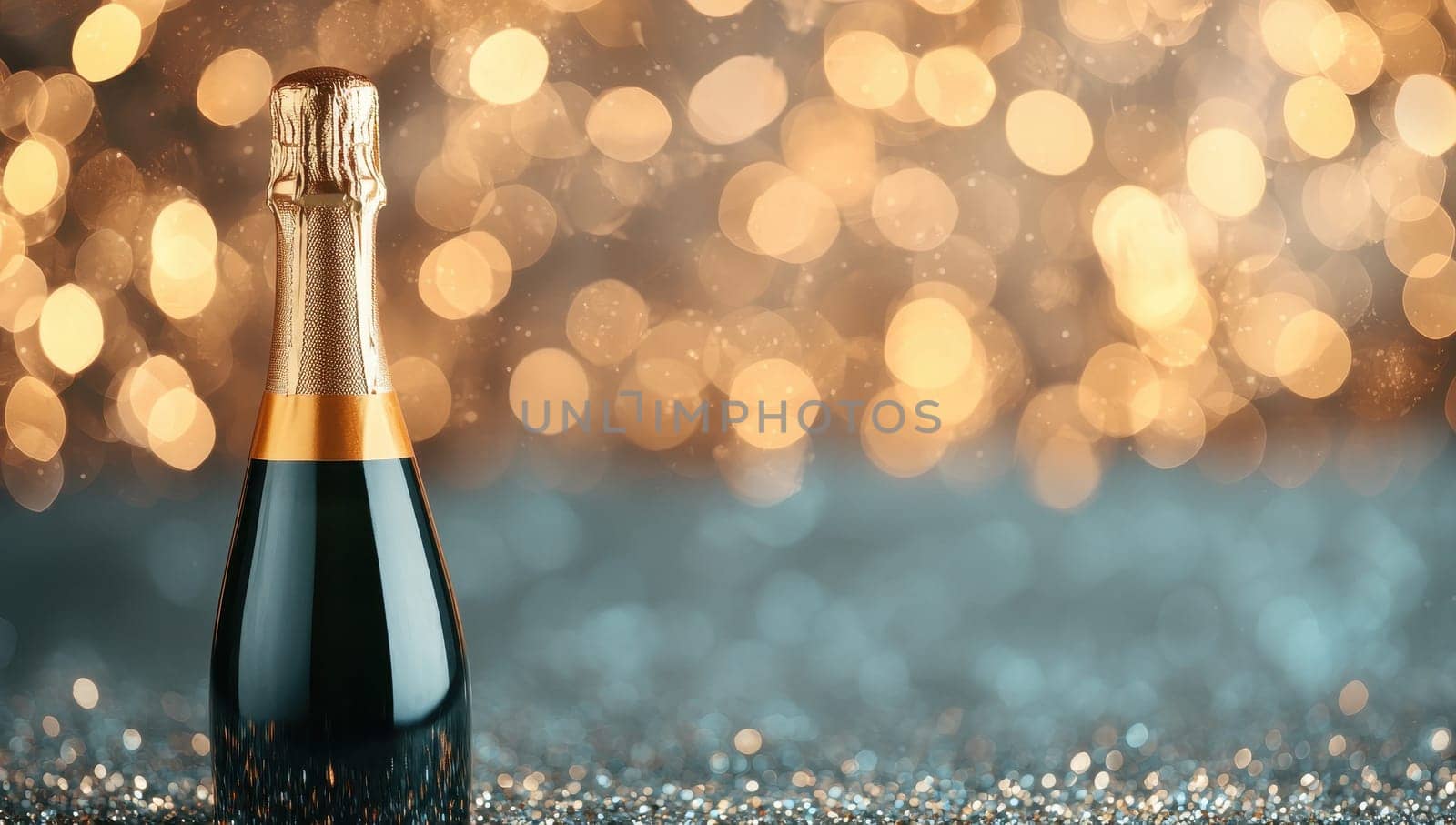 Champagne bottle against a sparkling gold background. Concept of celebration, New Year's Eve, party