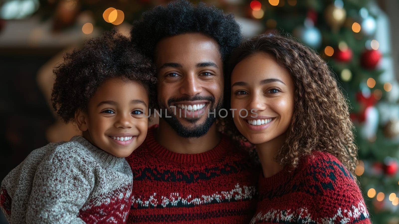 Portrait of happy multiracial family, parents and daughter, posing by the decorated Christmas tree at home, looking at camera and smiling. Joyful holiday moments concept.