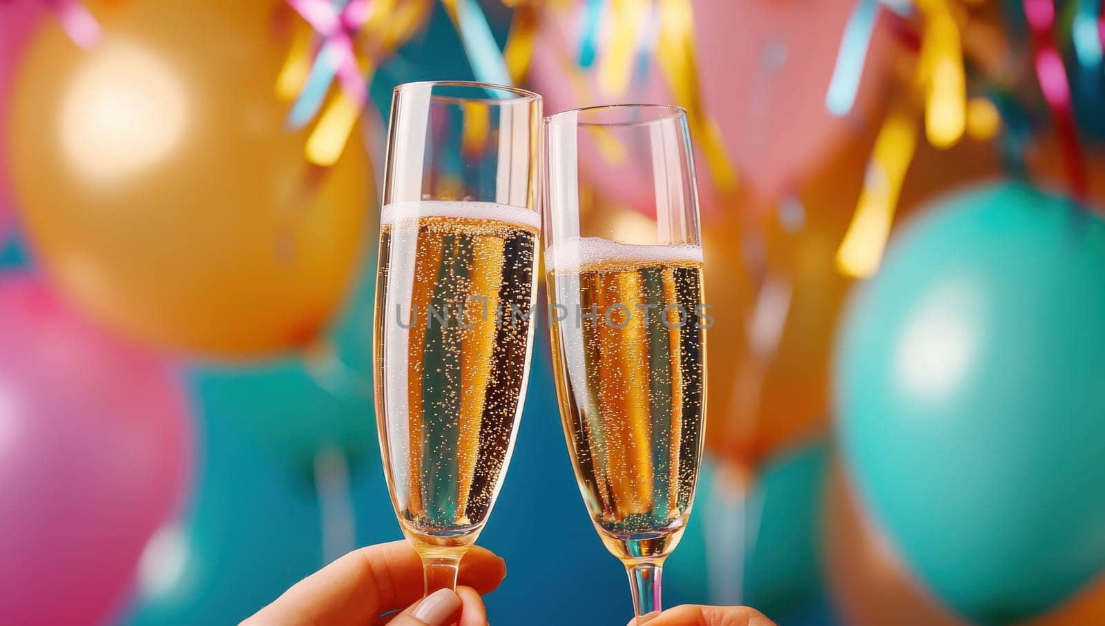 Champagne glasses cheers on a festive background. Concept of celebration, party, and joy.