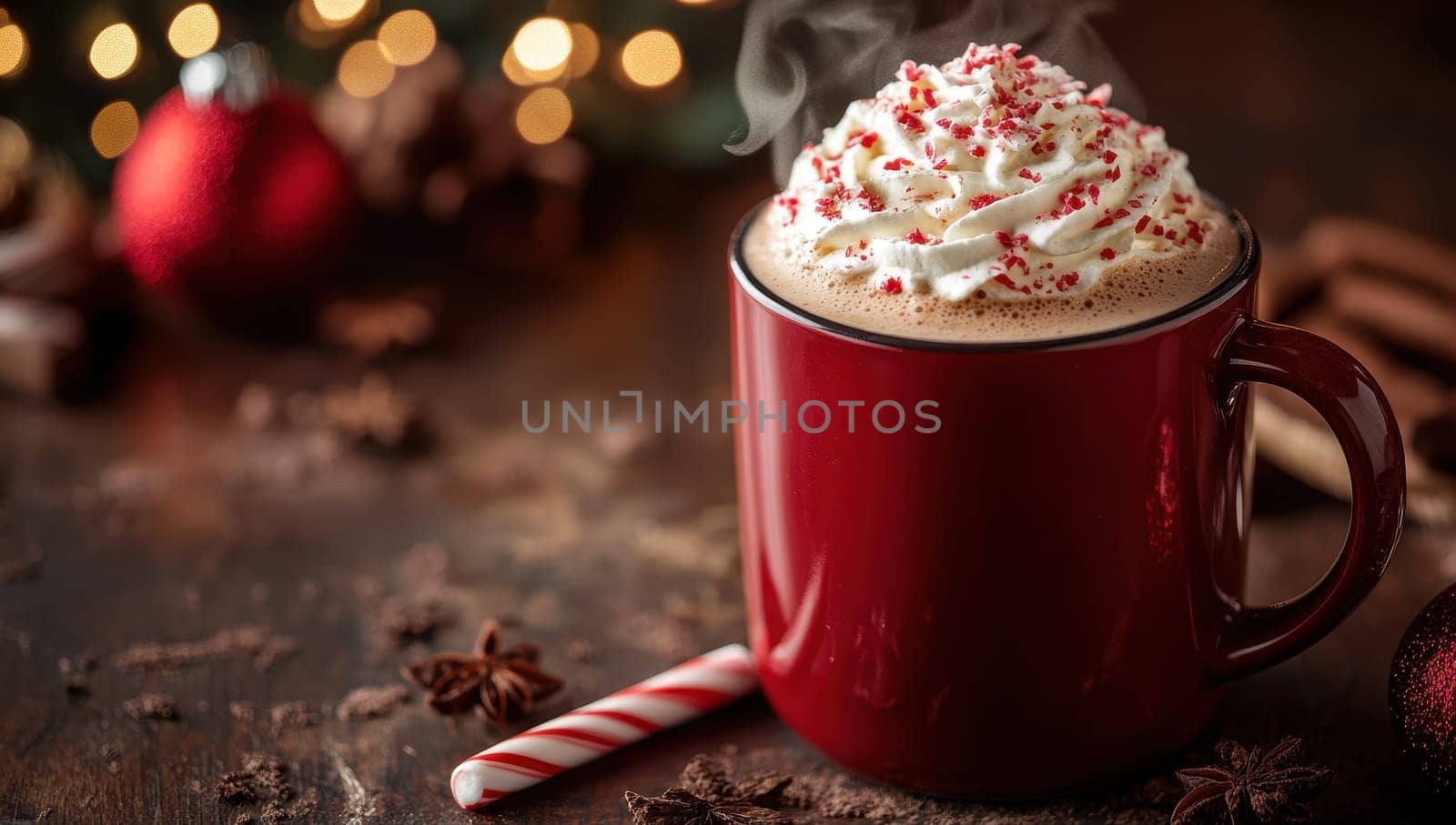 Steaming Mug of Peppermint Hot Chocolate with Christmas Lights. Concept of Holiday Cheer
