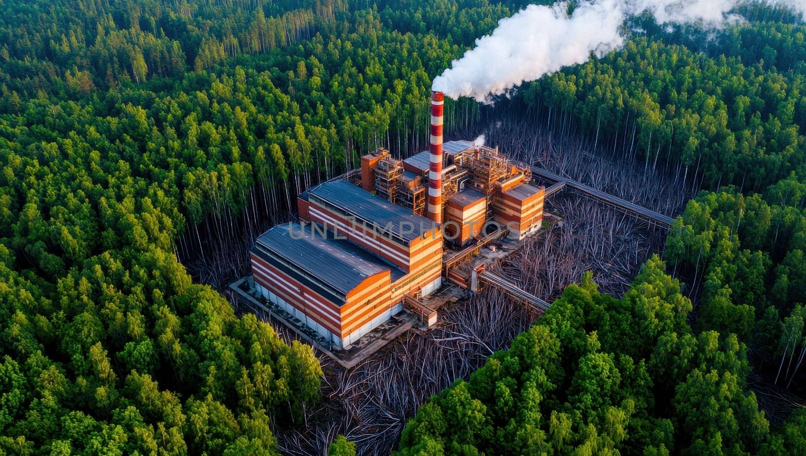Aerial view of a wood processing plant amidst a forest. Concept of industry, deforestation, sustainability