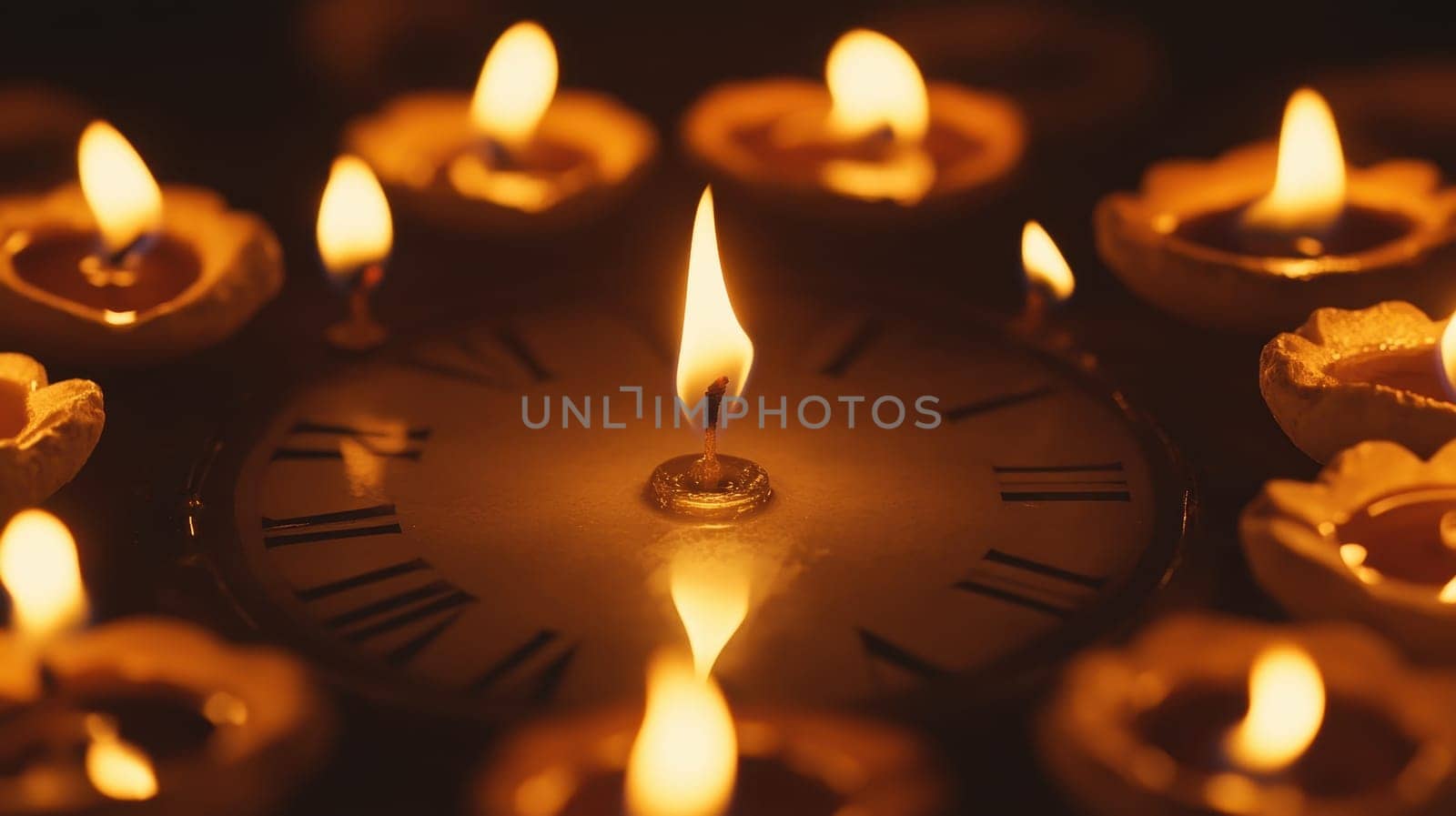 Burning candle on clock face surrounded by oil lamps. Concepts of countdown, time, deadline, memory.
