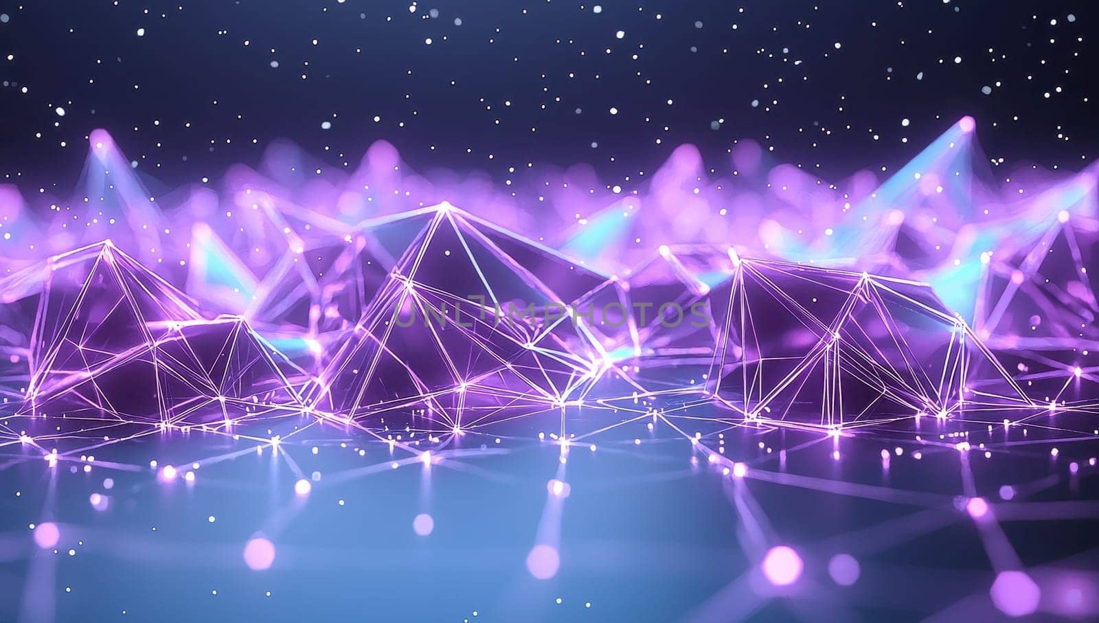 Abstract futuristic landscape of glowing neon polygons. Concept of technology, digital world, metaverse.