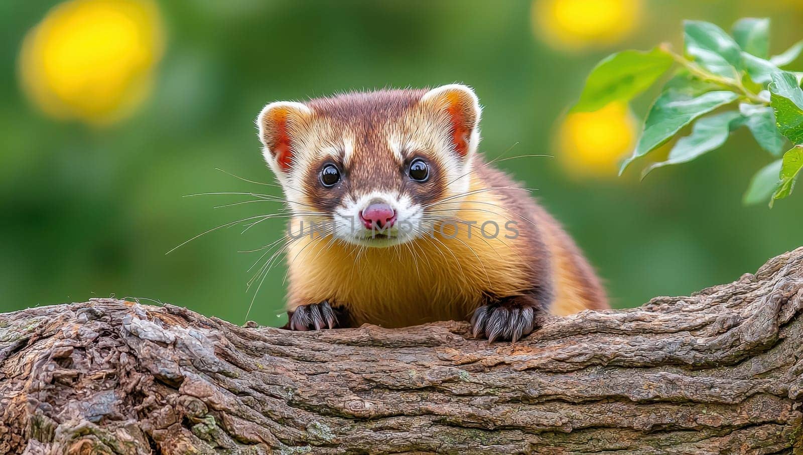 Curious Black footed Ferret on a Branch, Wildlife Portrait