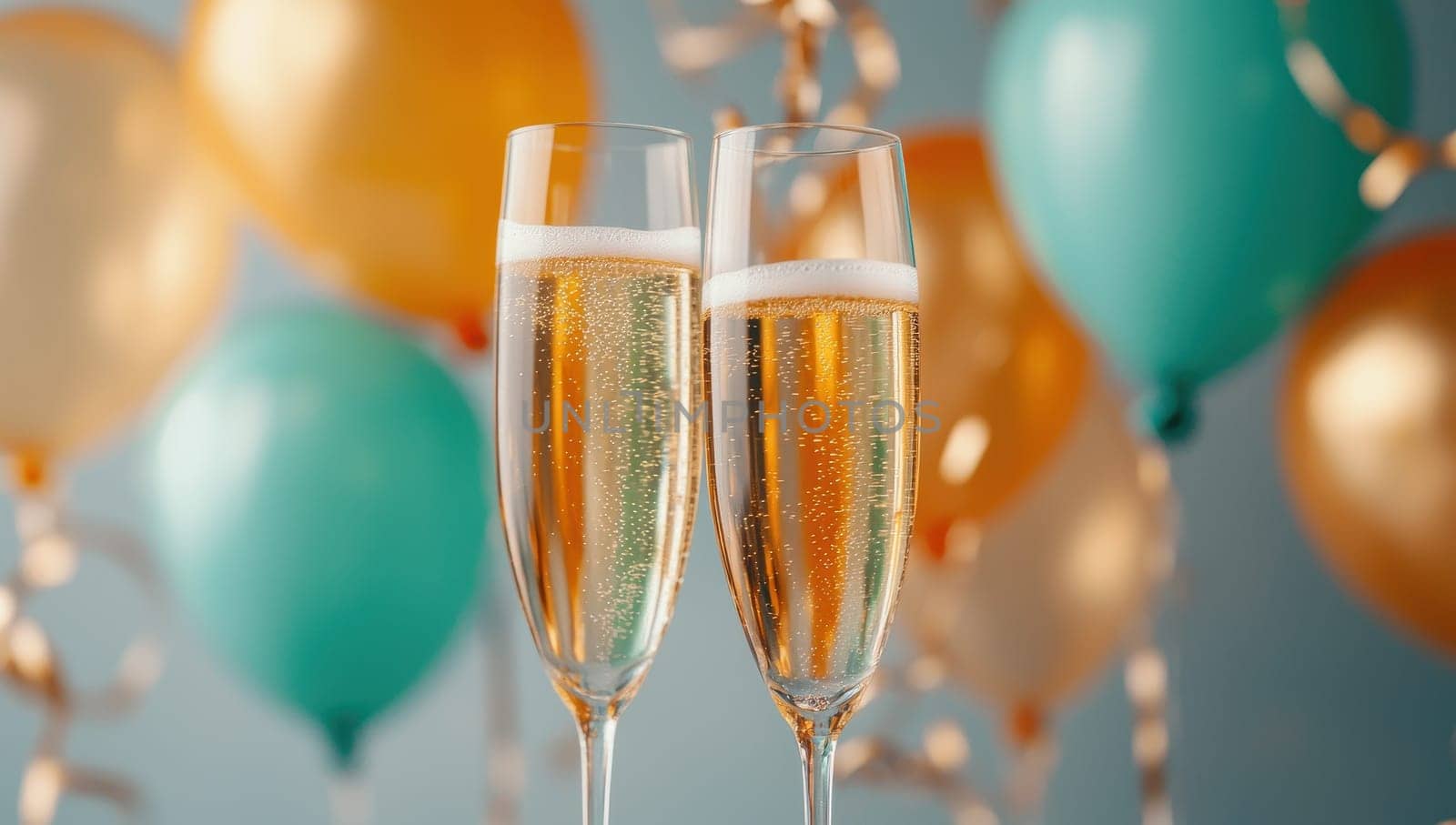 Two champagne flutes toasting against a backdrop of colorful balloons. Concept of celebration, New Year's Eve, party