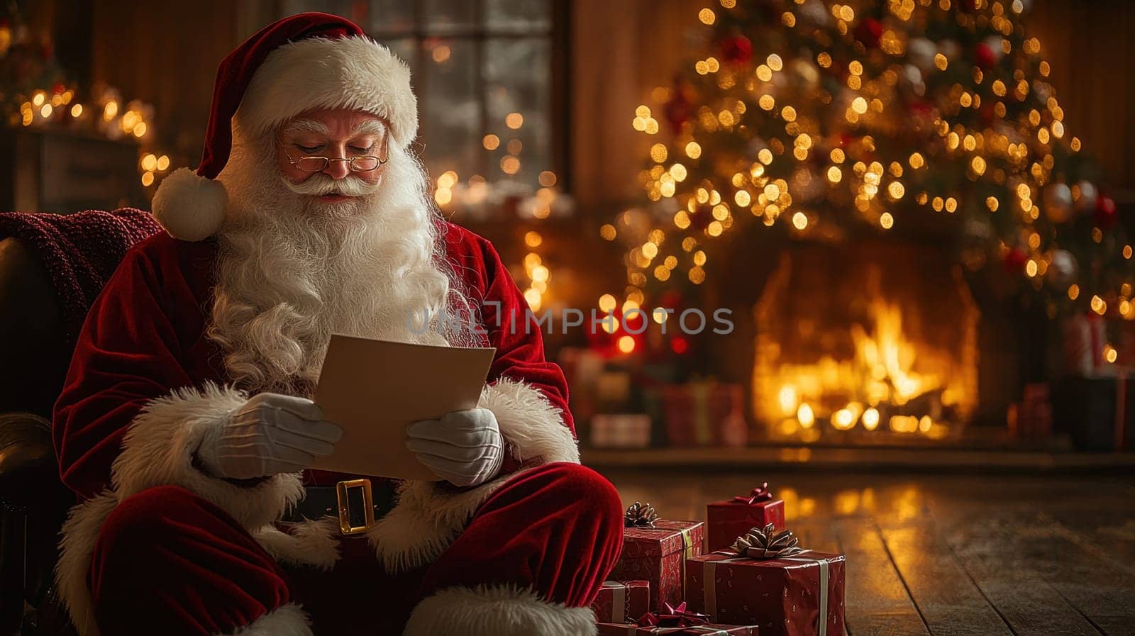 Santa Claus reading wish list letter at cozy home fireplace. Christmas eve concept