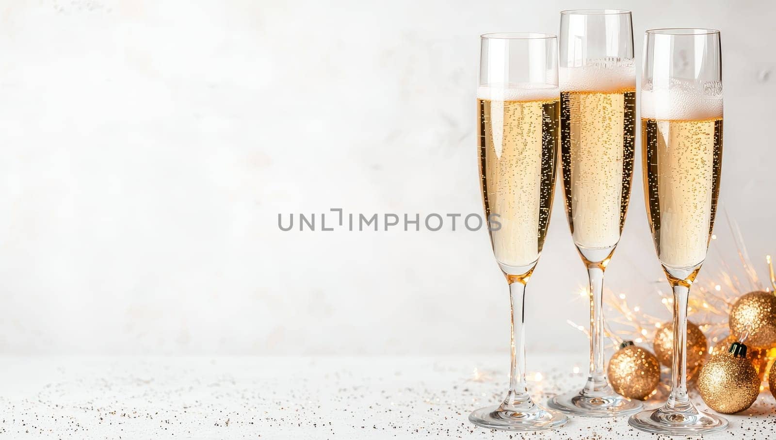 Champagne flutes and golden Christmas ornaments. Concept of New Year's Eve celebration.