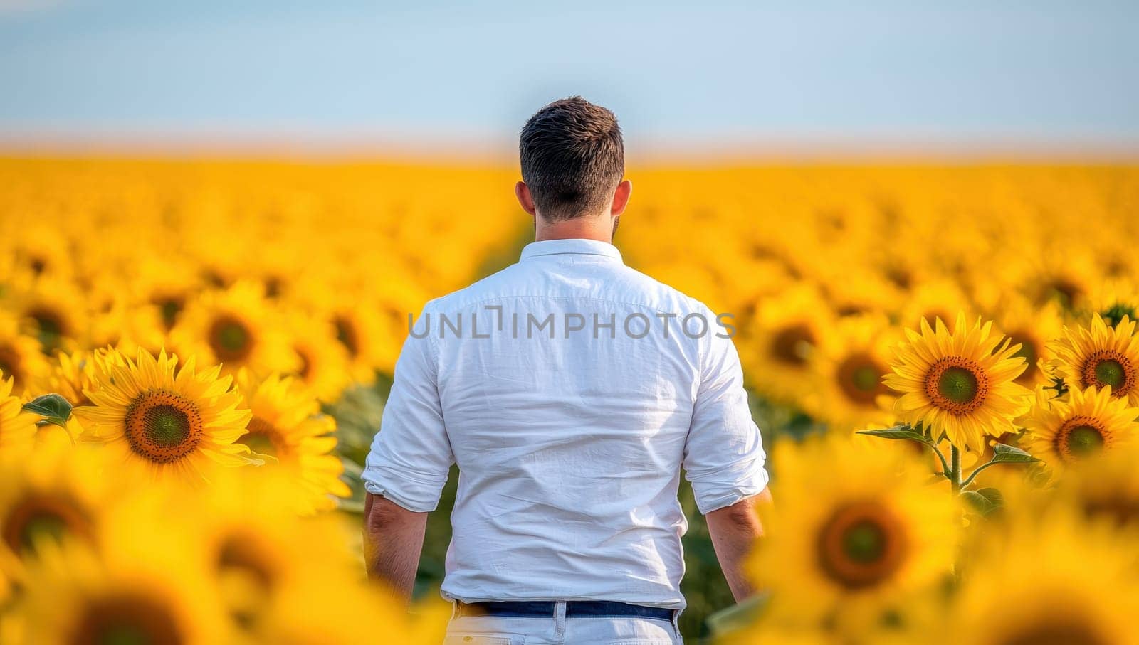 Man walking in a sunflower field. Concept of freedom, nature, and summer.