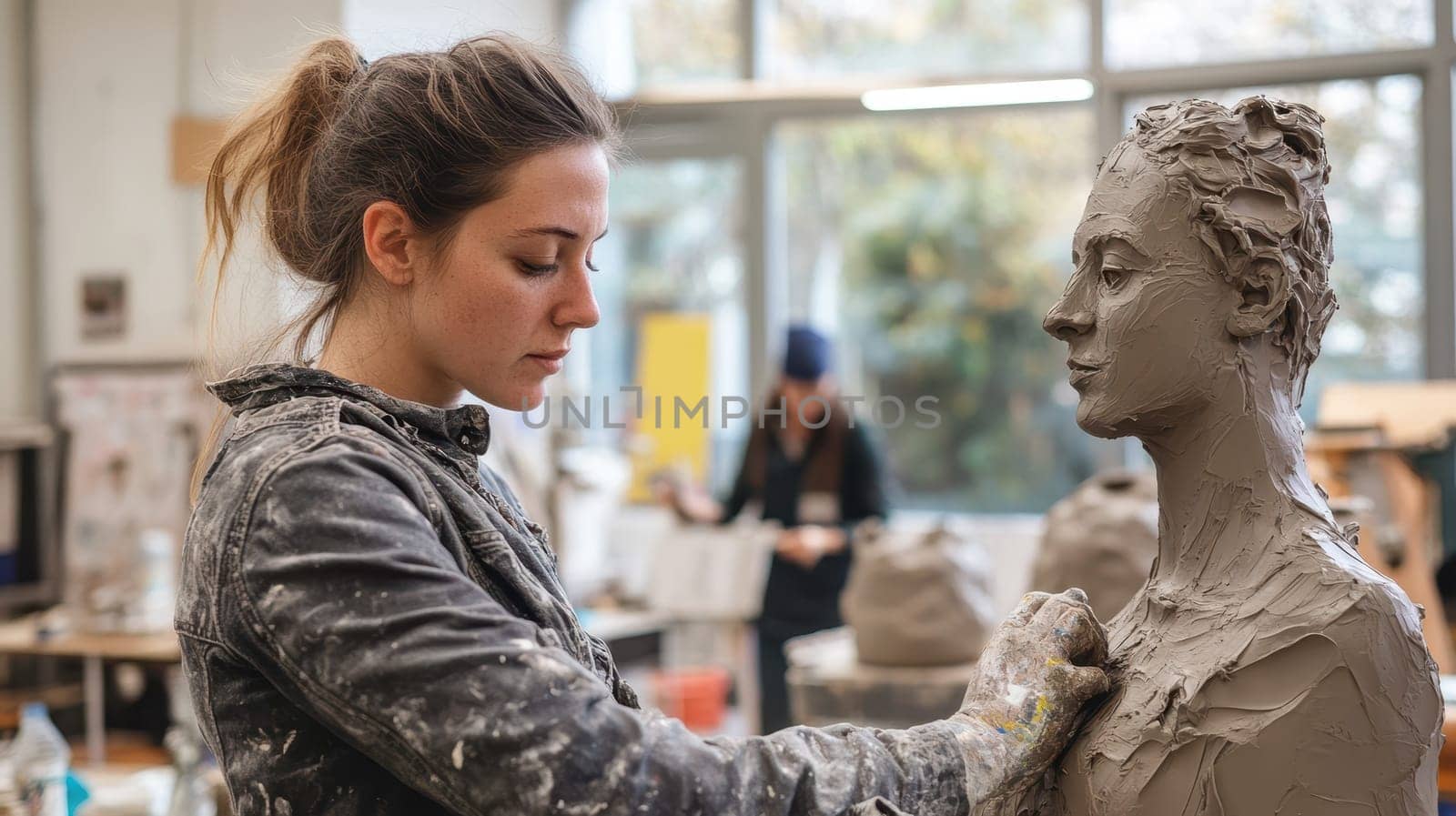 Female Artist Sculpting a Clay Bust in Art Studio. Concept of art, creativity, and craftsmanship.