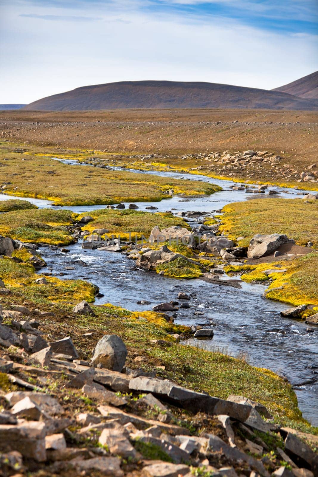 Summer Iceland Landscape with River, Mountains and Bright Blue Sky