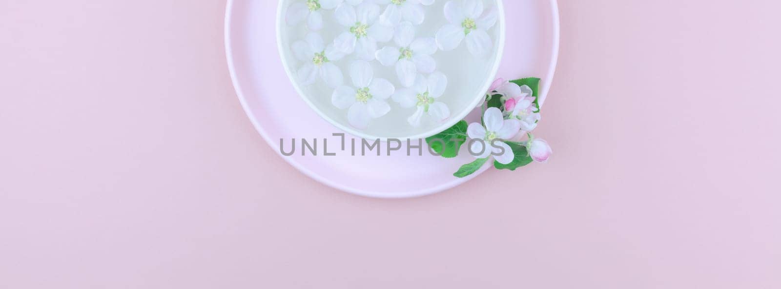 Creative flat lay concept top view of aroma bowl with water and white spring blossoming apple tree flowers on pastel pink paper background with copy space in minimal style, long wide banner