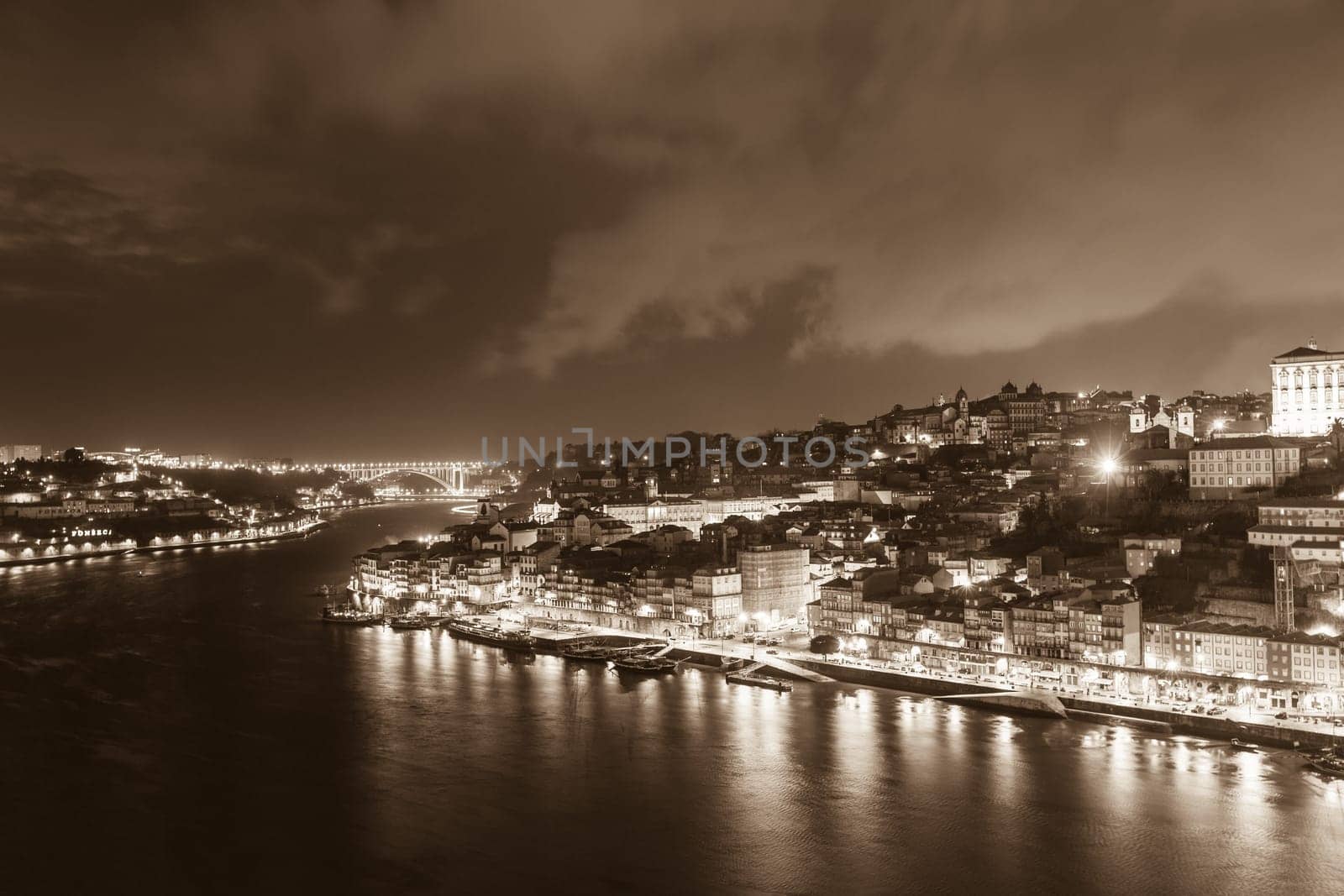 PORTUGAL, PORTO - JANUARY 20: Overview of Old Town of Porto, Portugal at night on January 20, 2013