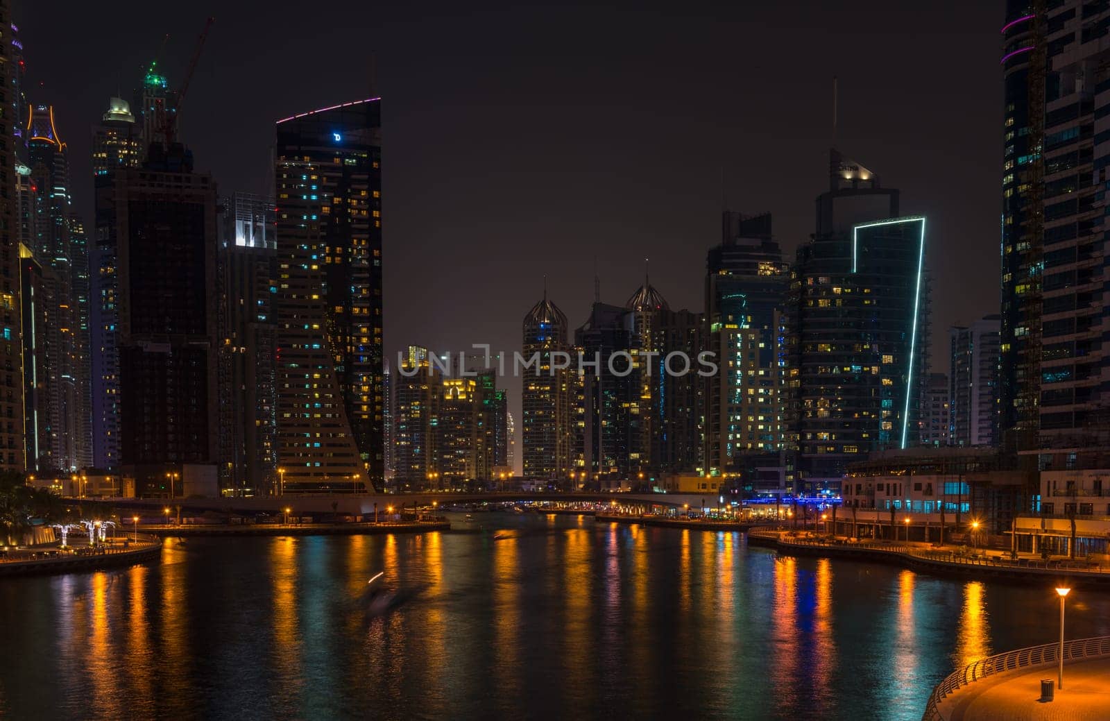 UAE, DUBAI - DECEMBER 31: night view of Dubai Marina, United Arab Emirates - the largest man-made marina in the world on December 31, 2014