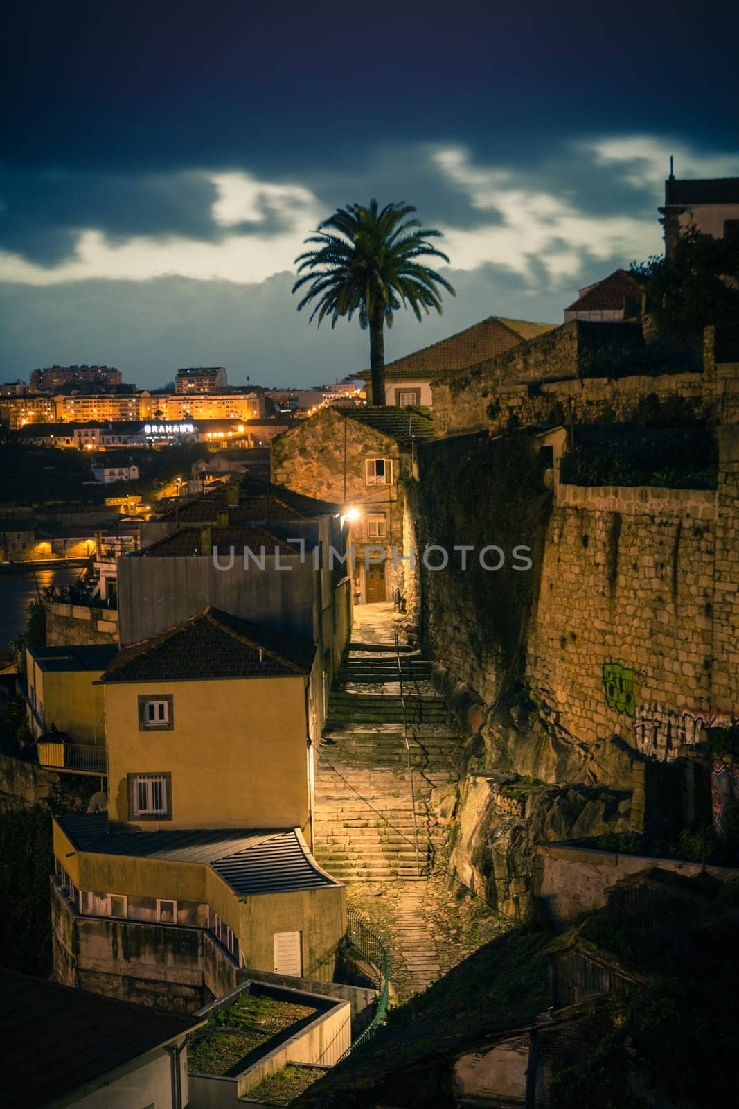 PORTUGAL, PORTO - JANUARY 20: Overview of Old Town of Porto, Portugal at night on January 20, 2013