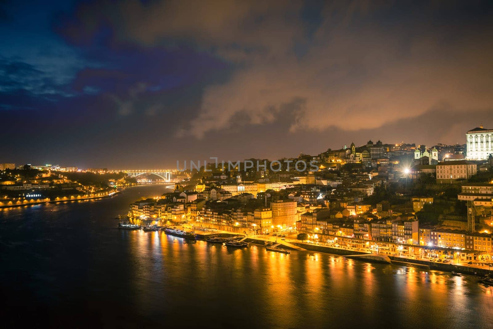 PORTUGAL, PORTO - JANUARY 20: Overview of Old Town of Porto, Portugal at night on January 20, 2013