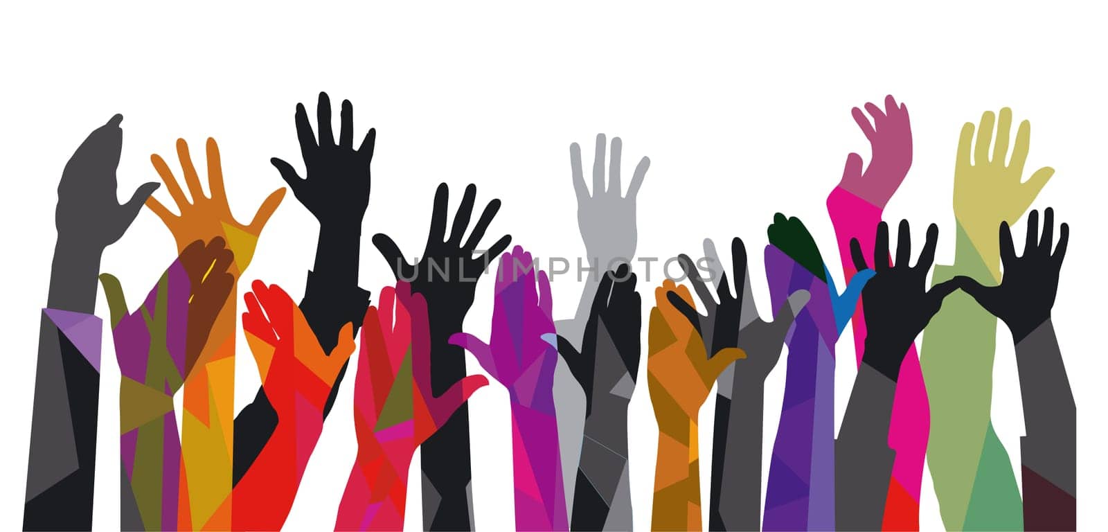 Group of people raising their hands, isolated on a white background. illustration