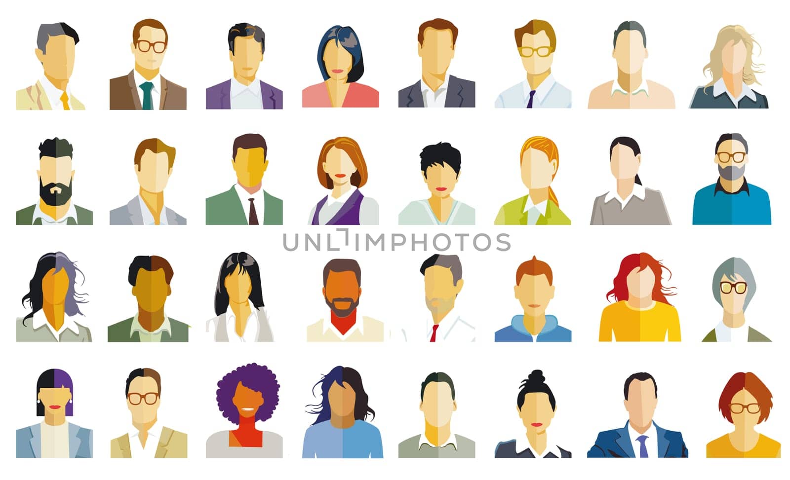 Group of people portrait, faces isolated on white background. illustration