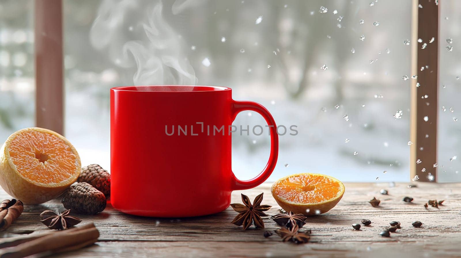 A vibrant and inviting scene featuring a steaming red coffee mug on a rustic wooden table, surrounded by winter spices like star anise, acorns, and fresh orange halves. Snow falls softly in the white background, creating a warm and cozy winter ambiance.