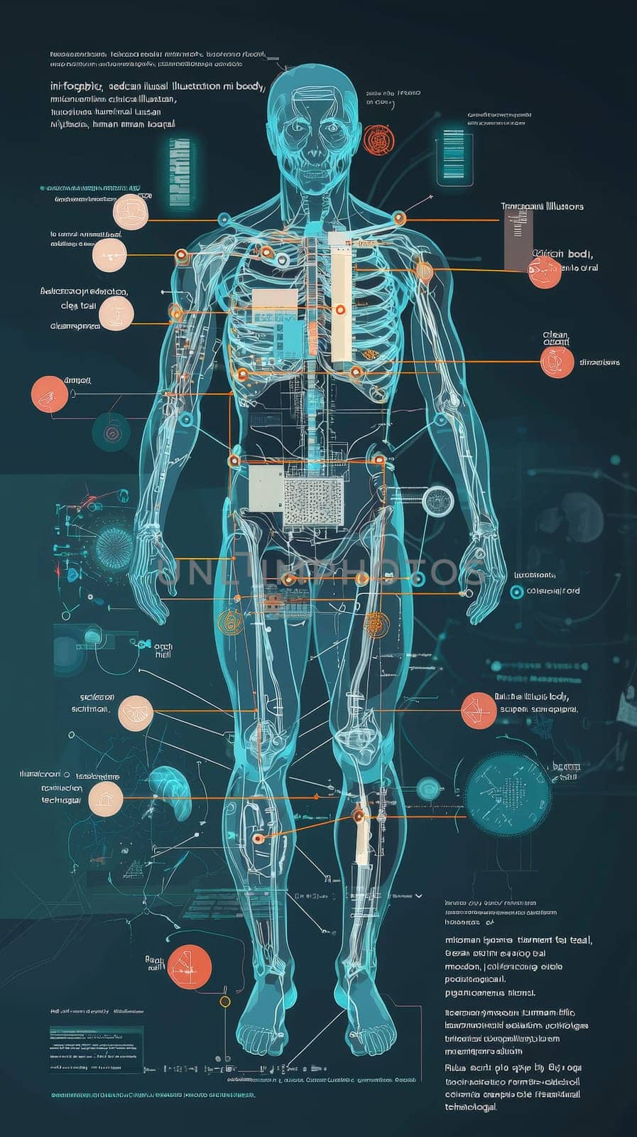 A stylized, high-tech infographic depicting the integration of micro-sensors into the human body, presented in an x-ray-inspired, semi-transparent view. The human figure is shown in cool blue and teal tones with visible skeletal and musculature overlays. Each micro-sensor, detailed as miniature circuit boards, is positioned to align with specific senses like sight, hearing, touch, and more, connected to labeled body parts by thin, orange and yellow lines. The clean, modern design resembles scientific medical illustration, capturing both the complexity and functionality of sensor integration in an informative and visually engaging way.