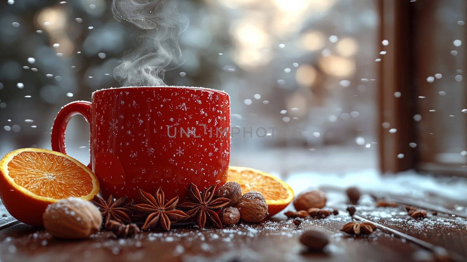 A vibrant and inviting scene featuring a steaming red coffee mug on a rustic wooden table, surrounded by winter spices like star anise, acorns, and fresh orange halves. Snow falls softly in the white background, creating a warm and cozy winter ambiance.