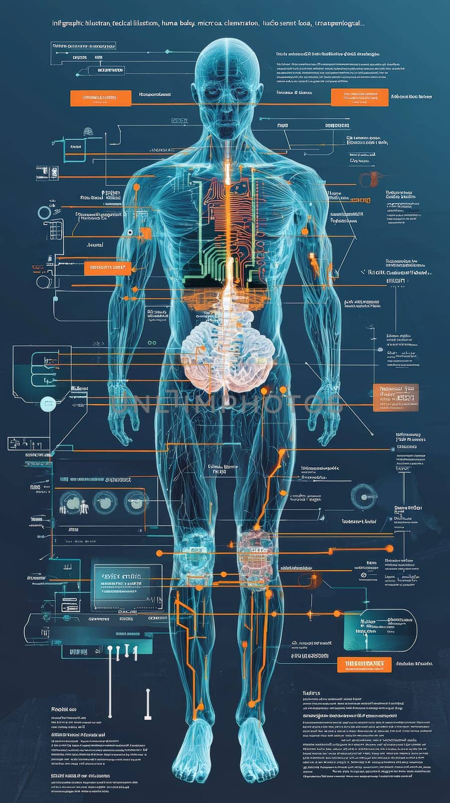 A stylized, high-tech infographic depicting the integration of micro-sensors into the human body, presented in an x-ray-inspired, semi-transparent view. The human figure is shown in cool blue and teal tones with visible skeletal and musculature overlays. Each micro-sensor, detailed as miniature circuit boards, is positioned to align with specific senses like sight, hearing, touch, and more, connected to labeled body parts by thin, orange and yellow lines. The clean, modern design resembles scientific medical illustration, capturing both the complexity and functionality of sensor integration in an informative and visually engaging way.