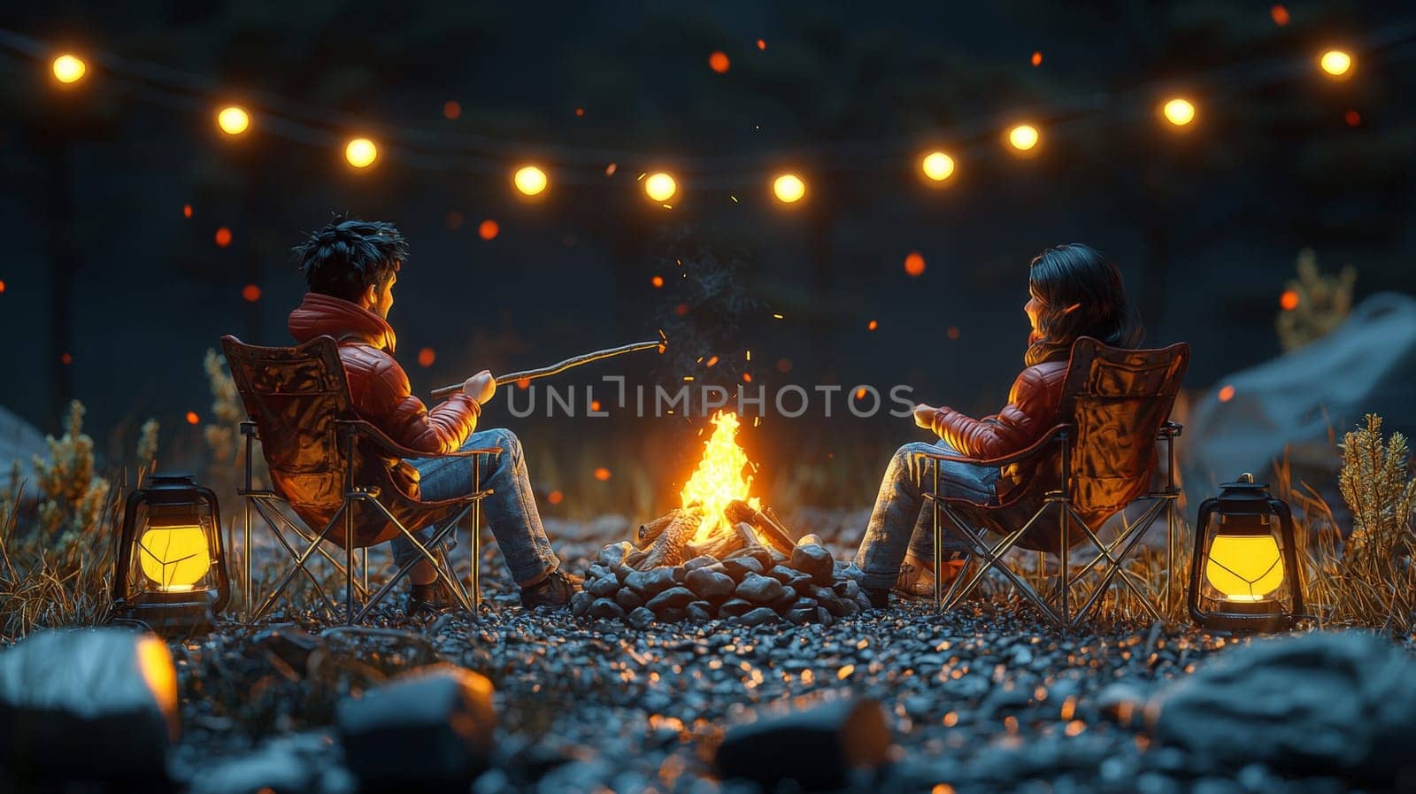 A detailed 3D rendering capturing a cozy campsite setup with a miniature man and woman seated on folding chairs. The man with black hair is tending the campfire in front of him, holding a stick, while a small lamp and string lights create a warm ambiance around the campsite. The background is dark, accentuating the soft glow of the lights and camping equipment, creating a serene outdoor scene in the style of product photography.